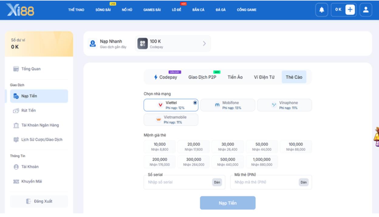 Nạp tiền Xi88 trong 1 phút với thẻ cào điện thoại