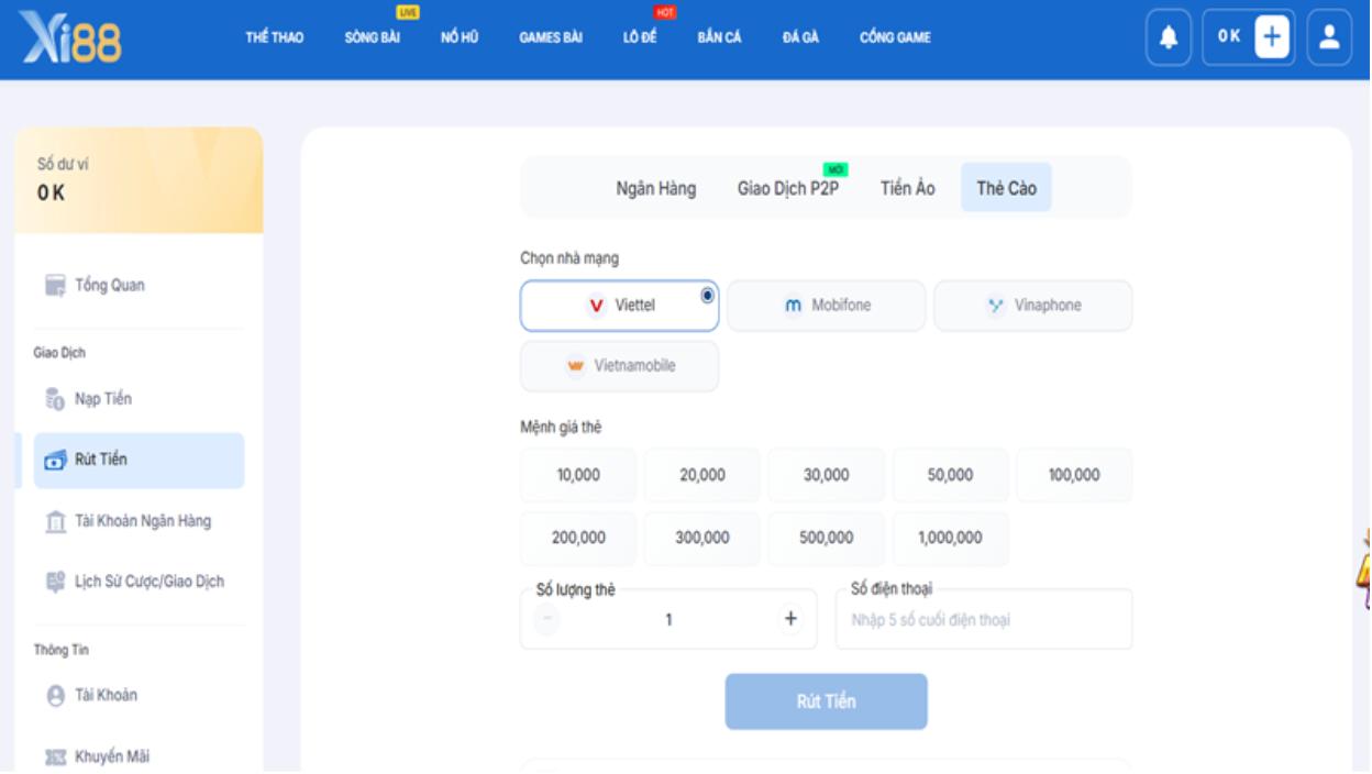 Hướng dẫn rút tiền Xi88 bằng thẻ cào điện thoại